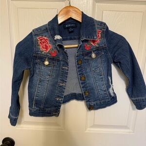 Blue Spice Cropped Blue Jean Jacket with Floral Embroidery